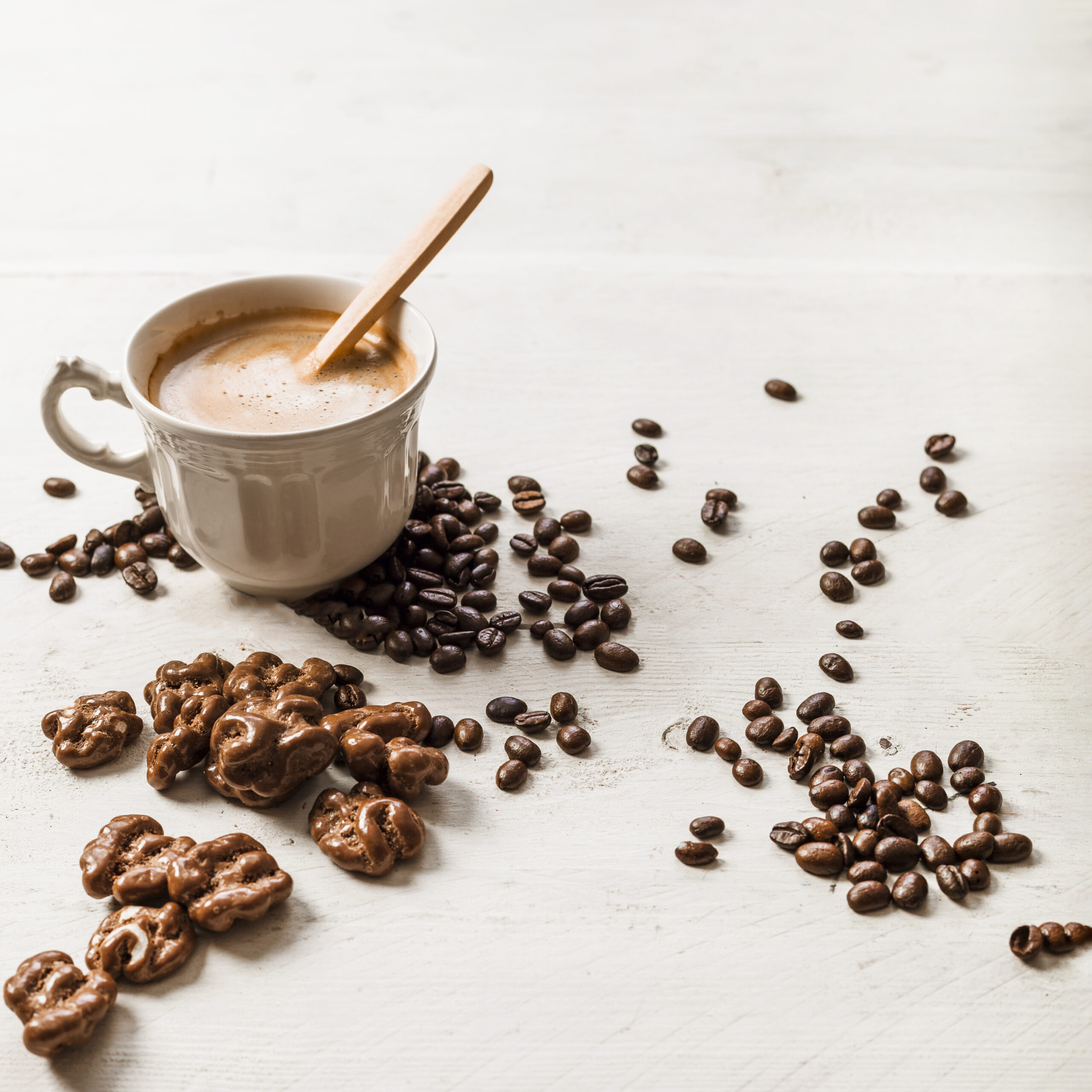 Chocolate Walnut Roasted Coffee Beans Coffee Cup Wooden Background